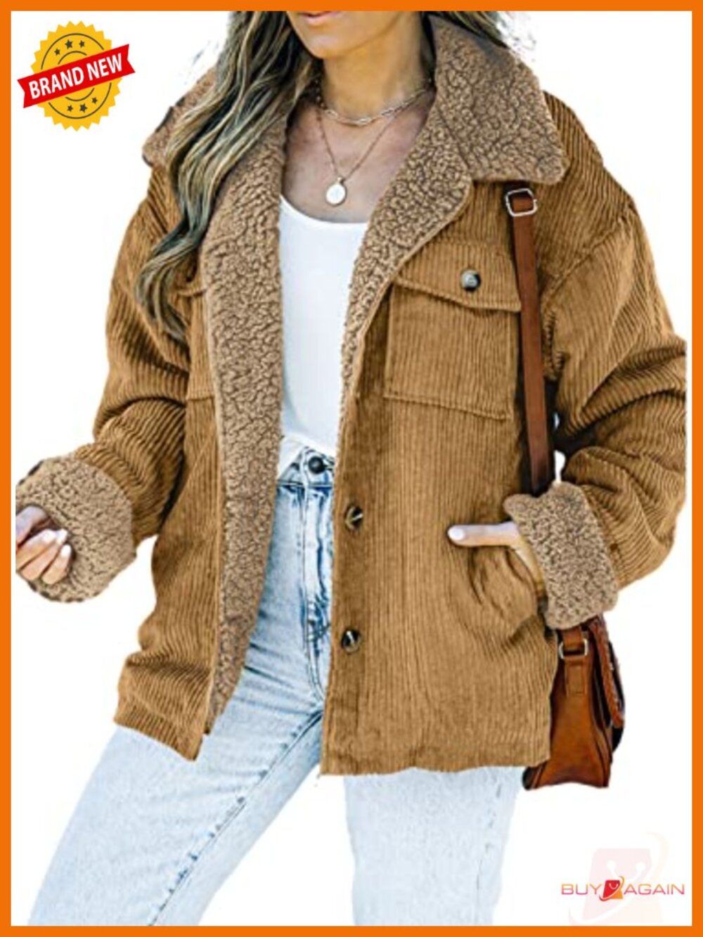 Womens Corduroy Sherpa Lined Jacket Button Front Loose Fit Casual Winter Coat